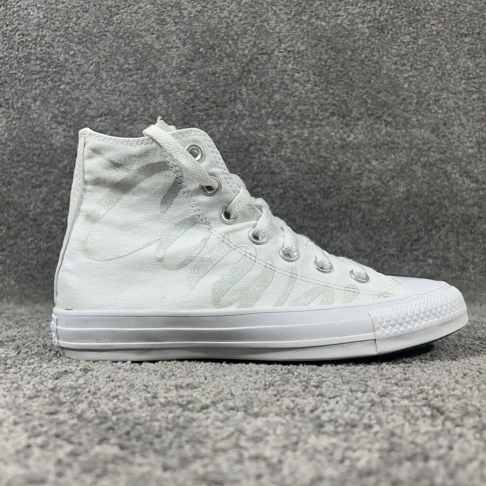 Converse All Star High Top Women’s Size 6 White Metallic Script Logo Skate Shoes